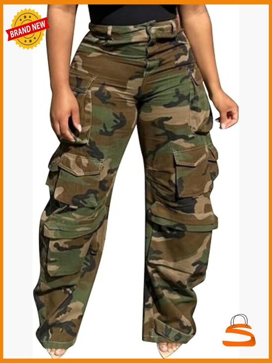 Pants - High Waisted Wide Leg Cargo Pants with Pockets, Lightweight Polyester Blend